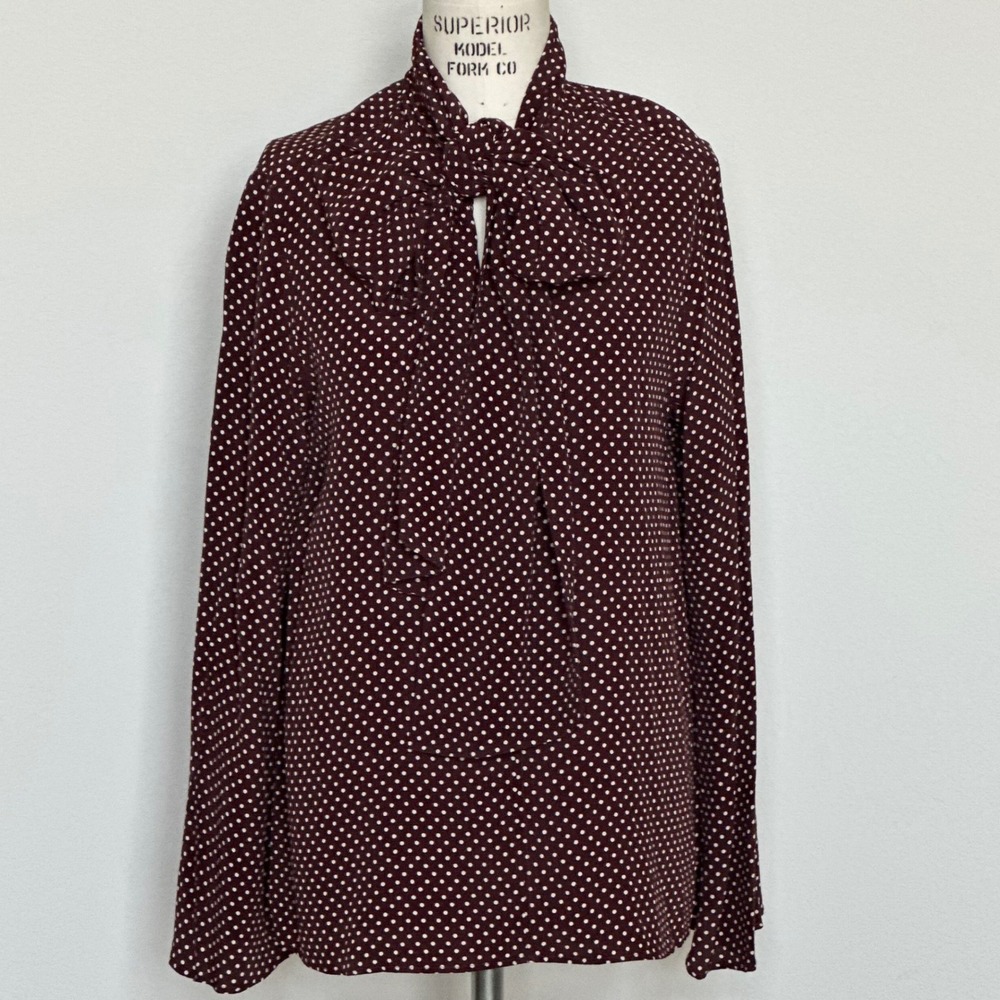 NWOT Zara Brown White Polka Dot Bow or Tie Blouse Long Sleeve Top Medium $89